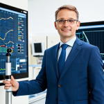 A highly skilled professional chemical engineer, fully clothed in a modest, appropriate, and modern business suit, stands confidently in a state-of-the-art chemical engineering research laboratory. The background showcases advanced analytical equipment and a large, clean digital display exhibiting real-time sustainable process data and complex molecular structure simulations. The scene is brightly lit, conveying a sense of innovation and precision. Perfect anatomy, correct proportions, natural pose, well-formed hands, proper finger count, natural body proportions. This is a professional studio photograph, high-resolution, safe for work, appropriate content, fully clothed, family-friendly.