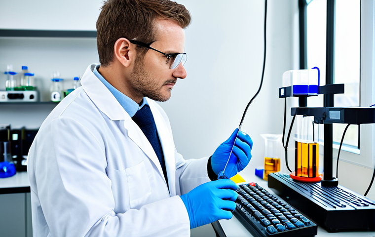 화학공학 이직 면접 준비 - Chemical Engineer in a Modern Lab**

"A confident, professional chemical engineer in a fully clothed...