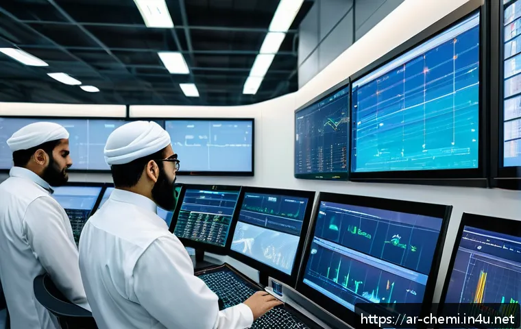 화학공학 데이터 처리 기술 - A modern chemical engineering control room in a Middle Eastern industrial plant, featuring Arab engi...