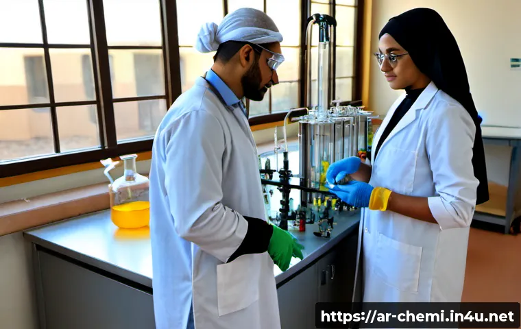 화학공학 연구 활동 사례 - Photorealistic chemical engineering research laboratory in a modern Arab university, a female Arab r...