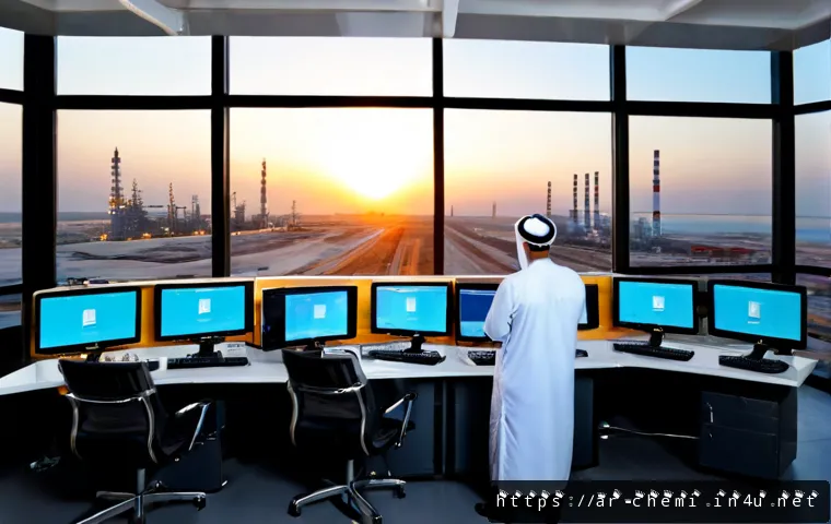 Home 17 화학공학 산업동향 - Photorealistic wide-angle view of a modern chemical engineering control room in the Gulf region, two...