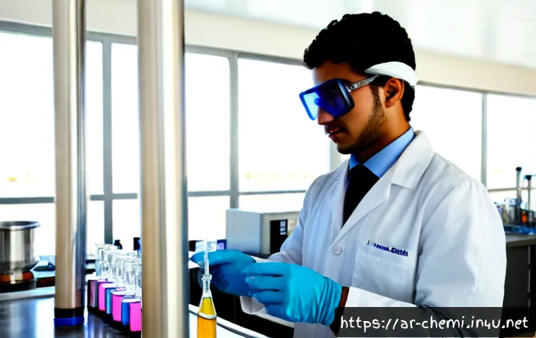 화학공학 중점과목 - Photorealistic chemical engineering laboratory scene, young Arab university student wearing safety g...